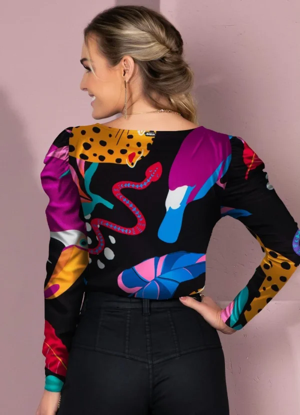 Blusa Animais Fundo Preto com Mangas Bufantes - Image 2