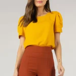Blusa com Pregas na Manga Bufante   Amarelo Mostarda